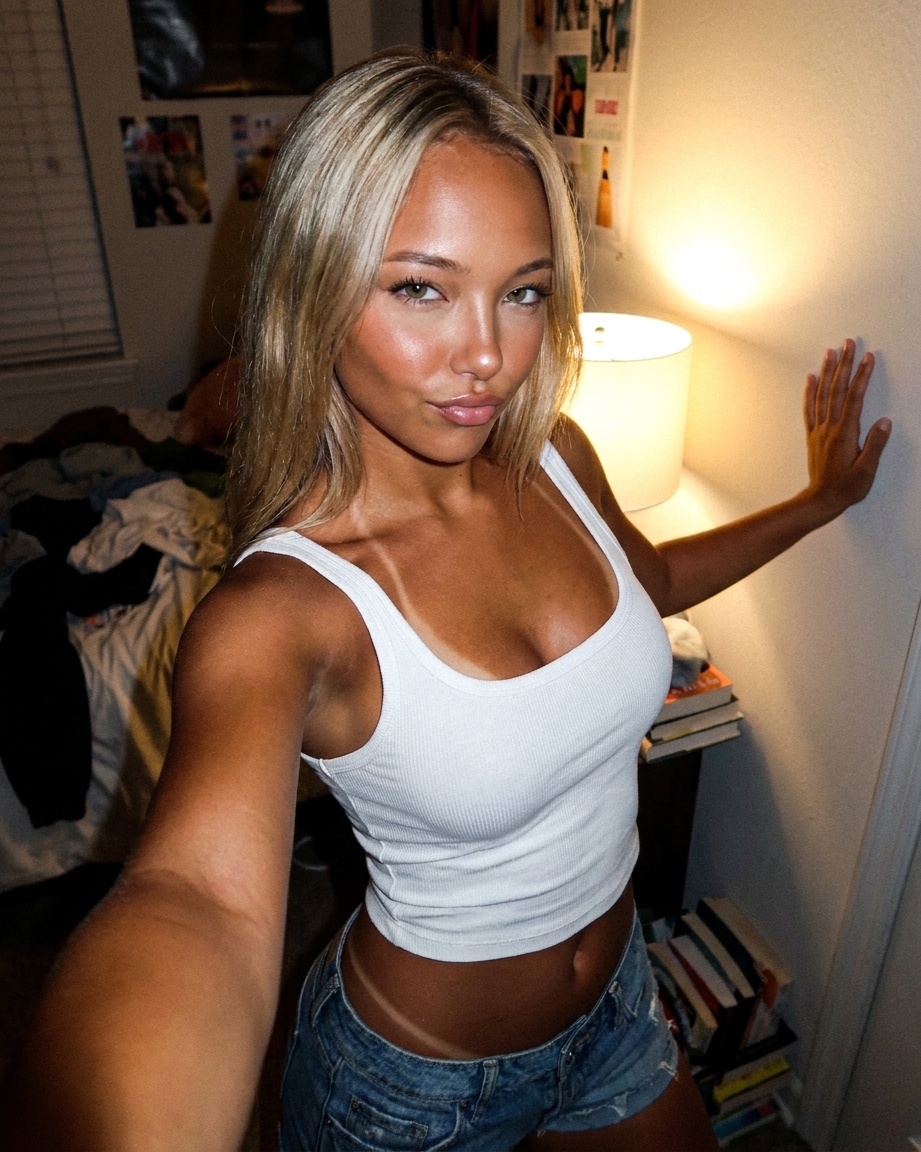 tan blonde — A young woman in a casual white tank top and denim shorts poses playfully for the camera in a relaxed bedroom — 2