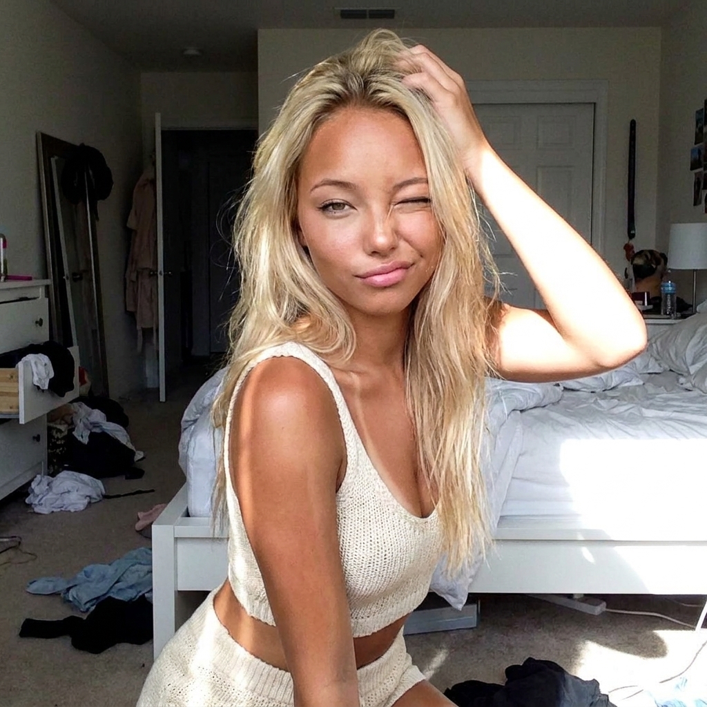 tanned blonde — A young woman in a cozy knit set playfully poses for the camera in her bright, sunlit bedroom, highlighting her summer tan — 4